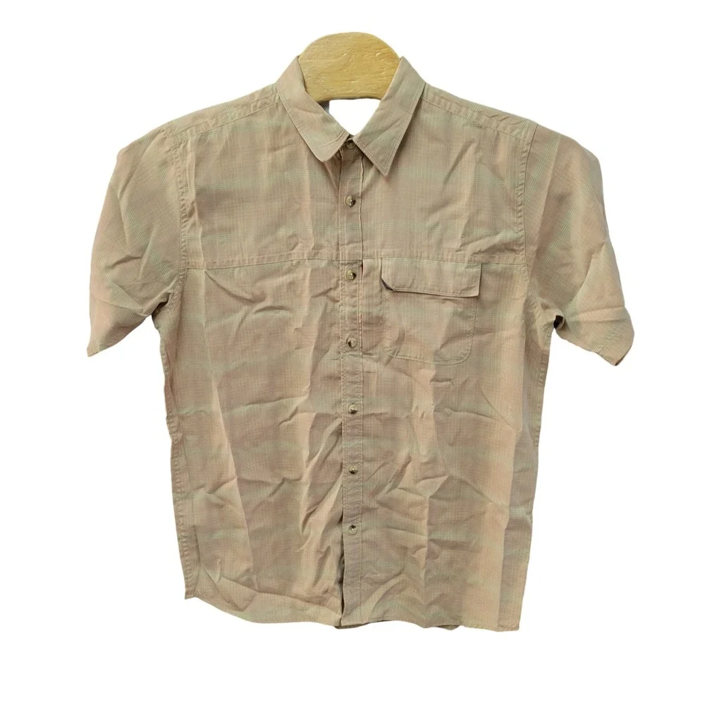 The North Face Mens Large Tan Orange Micro Plaid‎ Short Sleeve Button Down Shirt